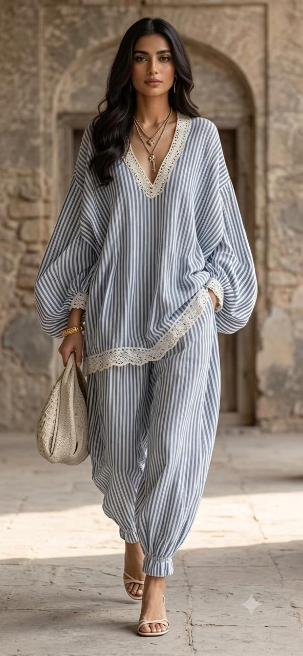 Blue and white embroidered Irish Linen Kaftan Co-ord Set