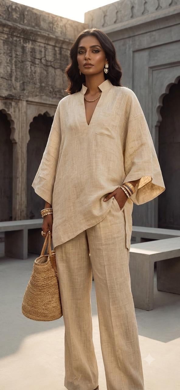 Beige Irish Linen Oversized Shirt Co-ord Set