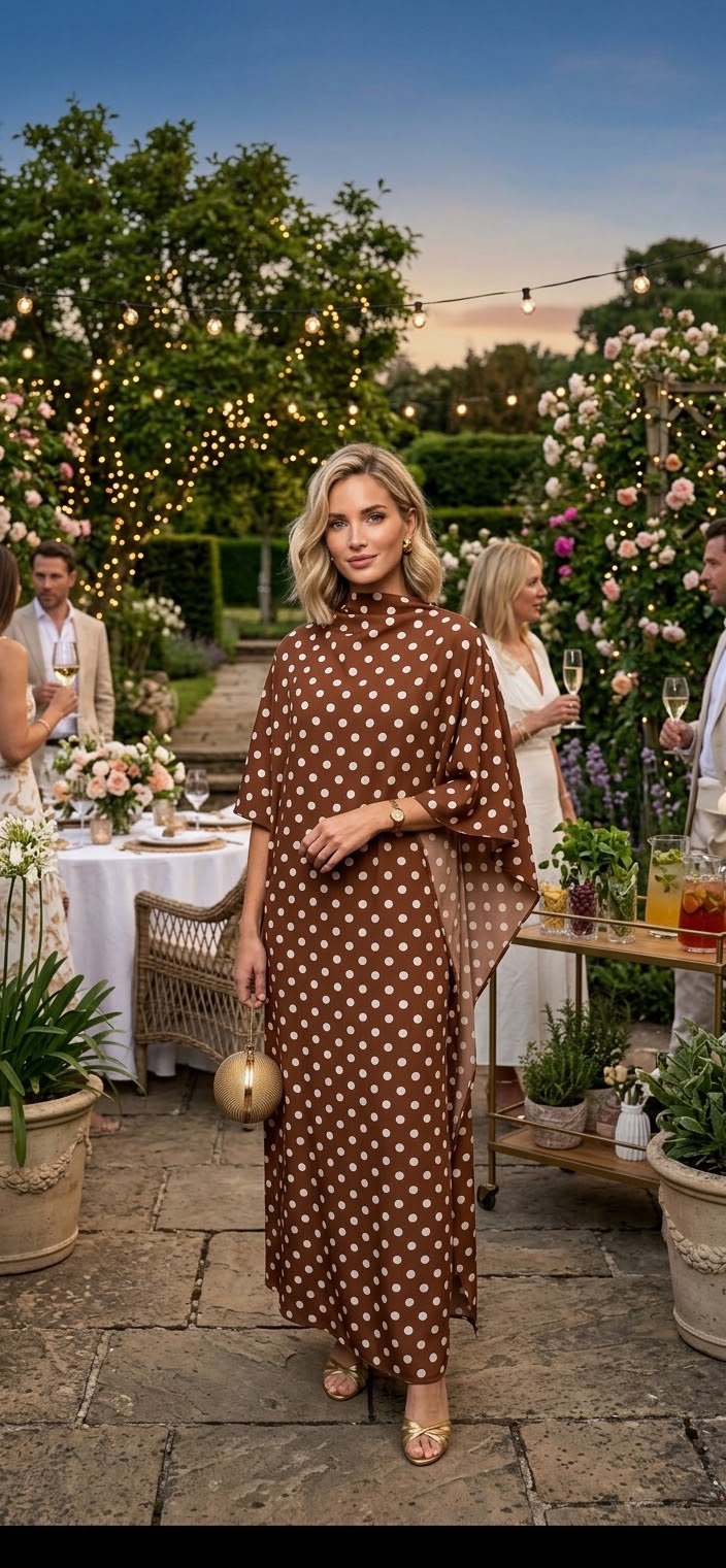 Mocha Dot Pure Silk Cape Dress