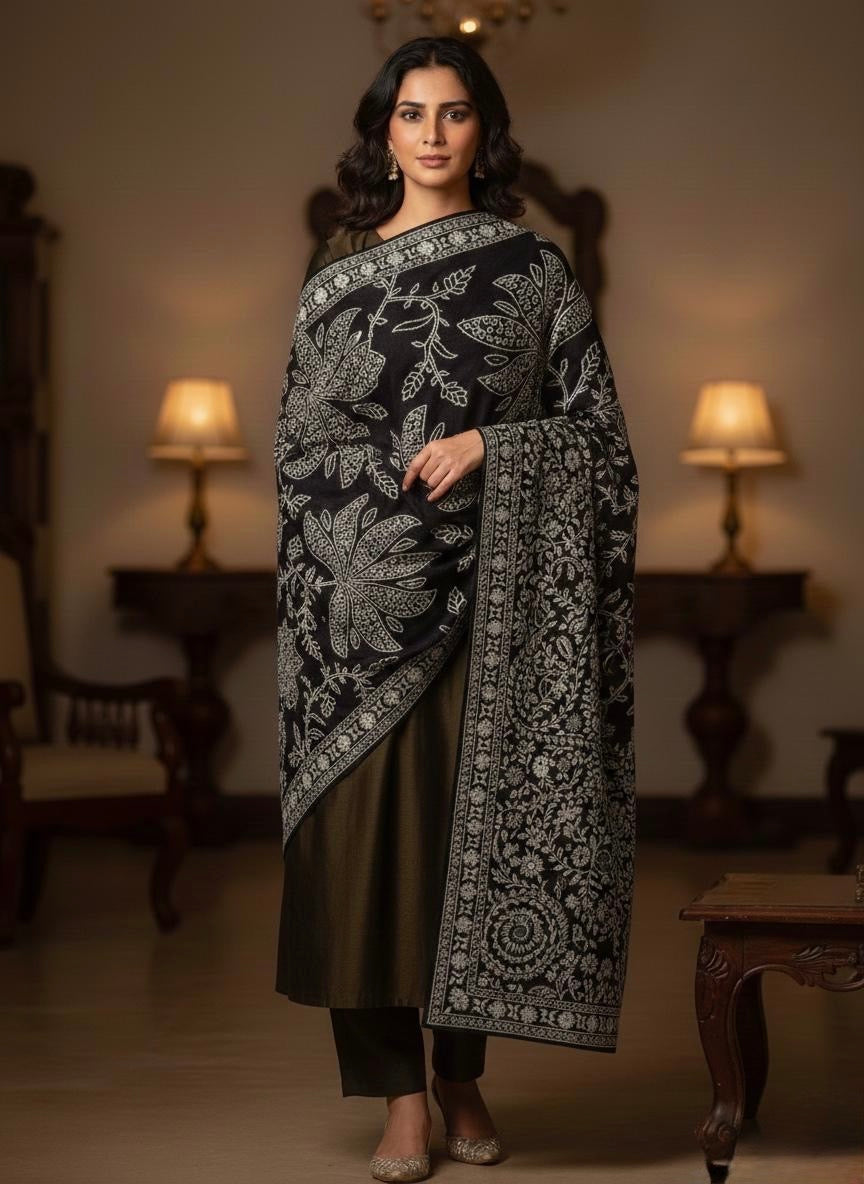 Hand-Worked Pashmina Shawl - Classic Black & White