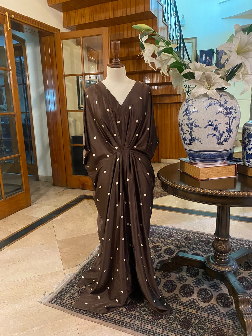 Cocoa Dot Pure Silk Draped Dress